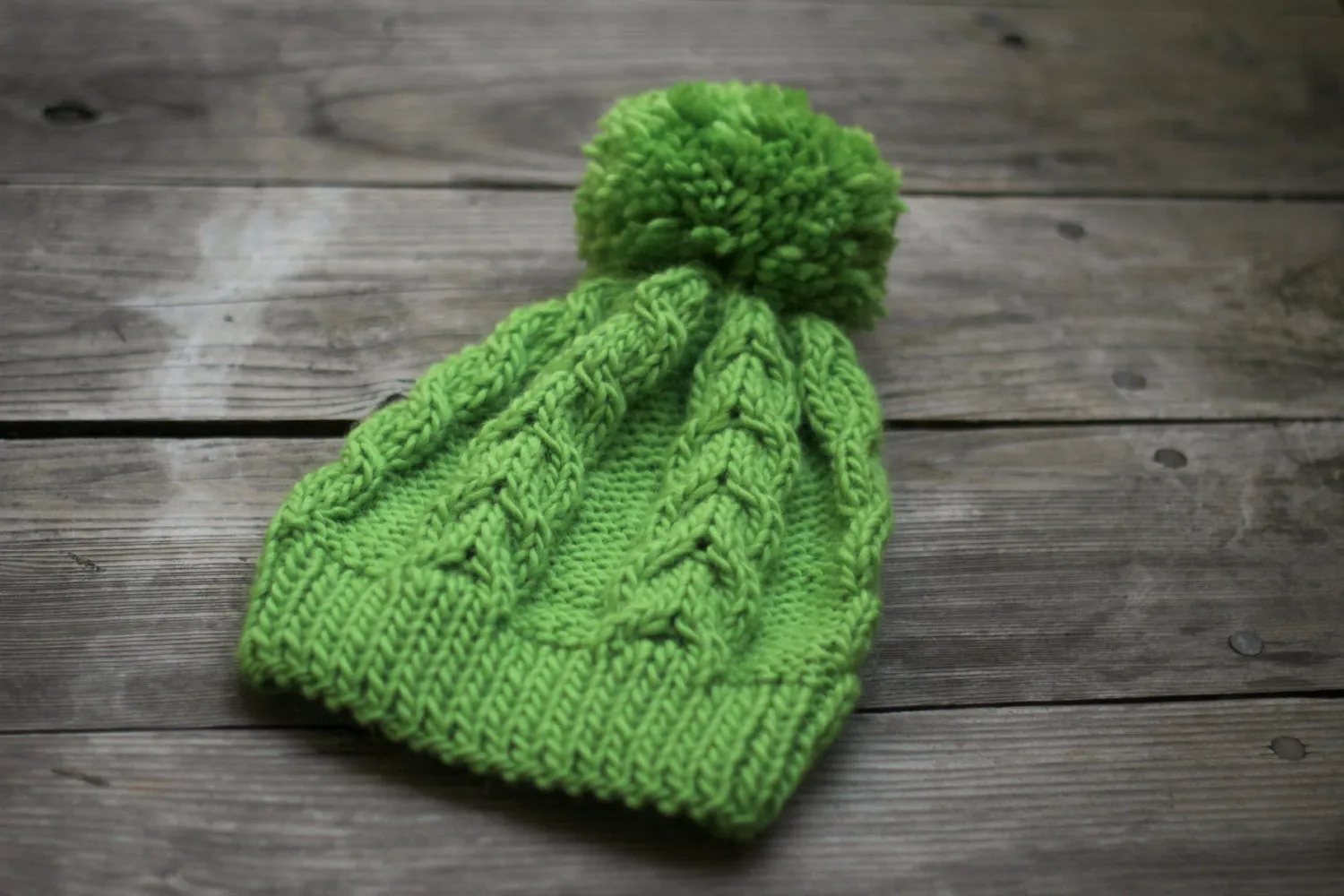 Knit beanie hat in green lime with pom pom, winter accessories