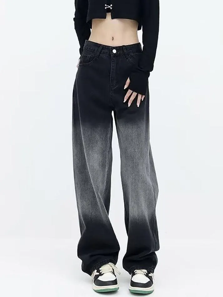 Low Waist Washed Straight-Fit Wide-Leg Jeans