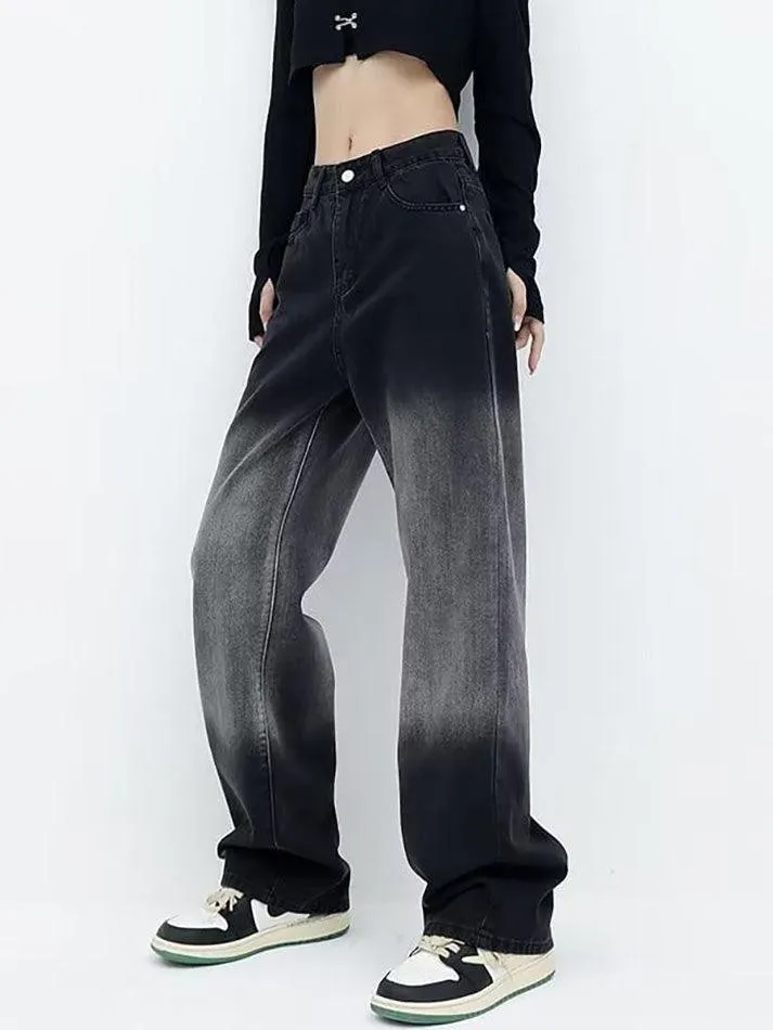 Low Waist Washed Straight-Fit Wide-Leg Jeans