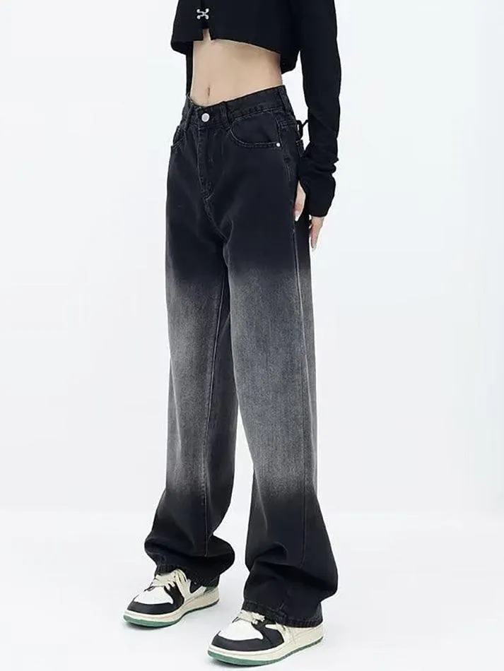 Low Waist Washed Straight-Fit Wide-Leg Jeans