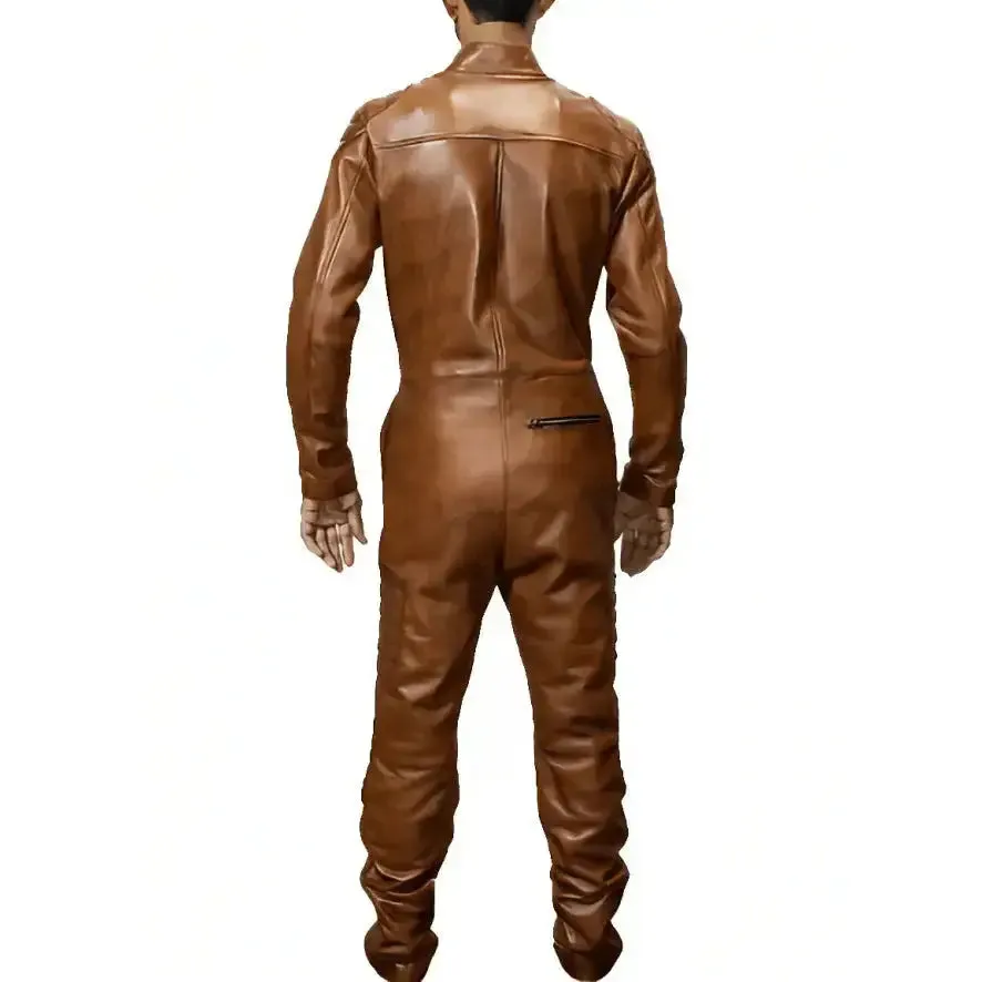 Men's Brown Biker Leather Jumpsuit - Edgy and Stylish