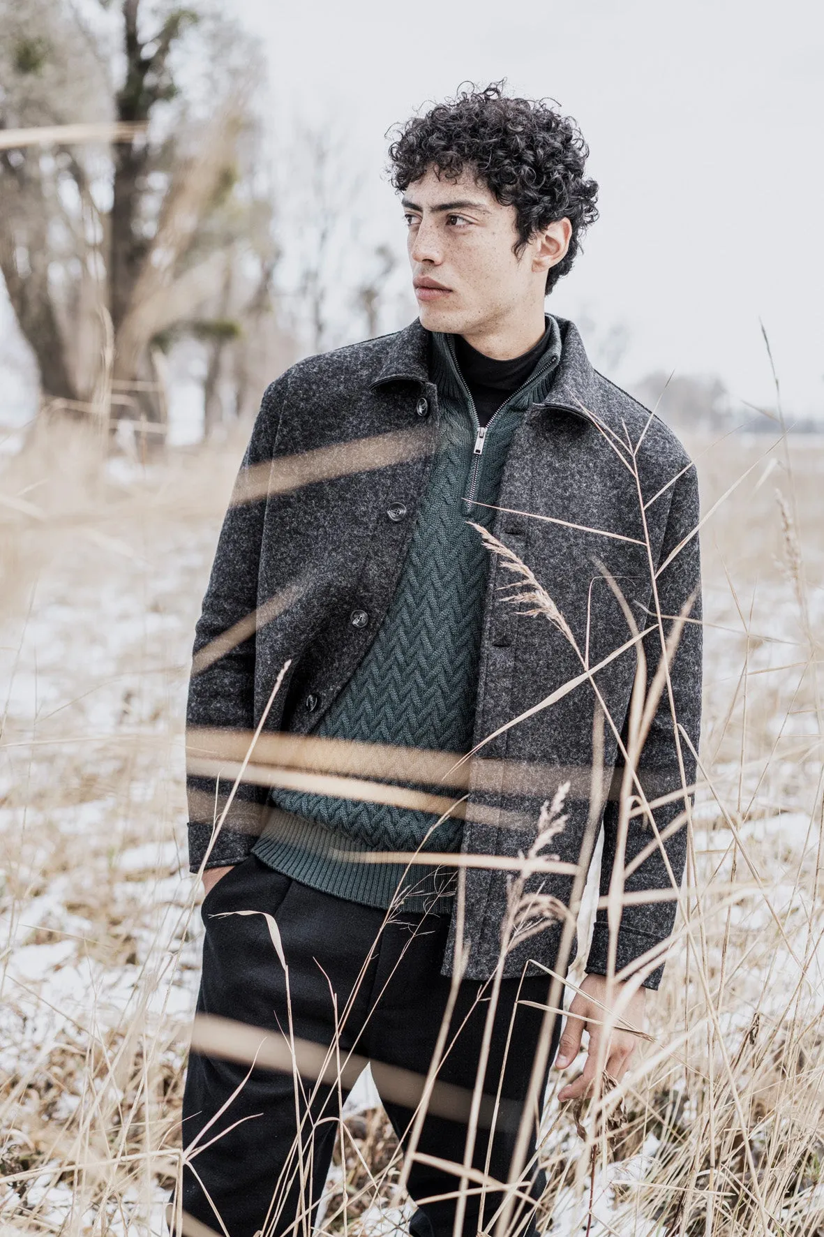 Merino wool zip-up sweatshirt, cable knit, relaxed fit