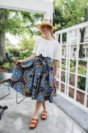 Midi African Wax Cotton Skirt- Blue/ Orange