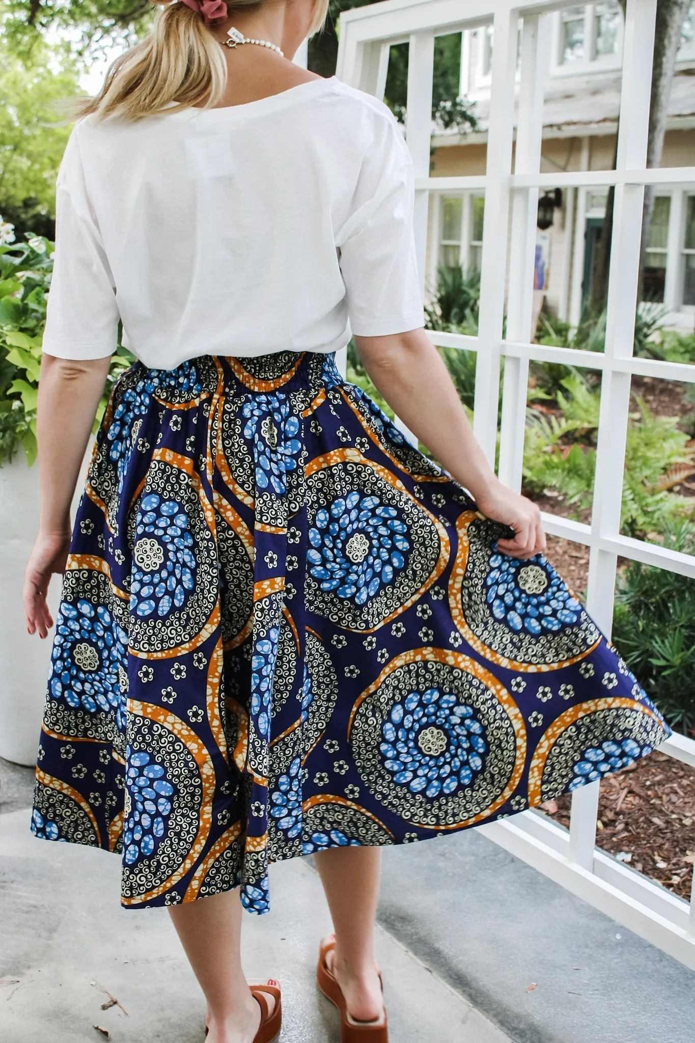 Midi African Wax Cotton Skirt- Blue/ Orange