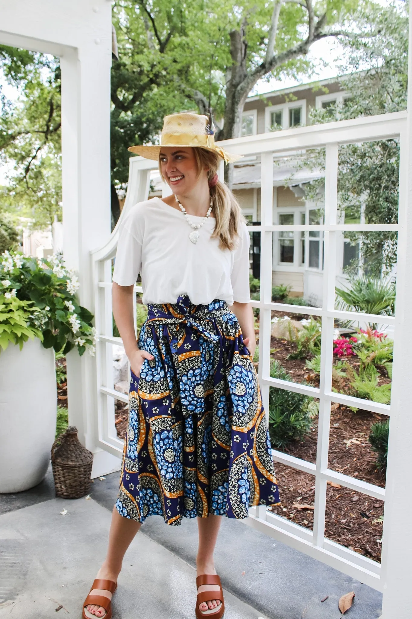 Midi African Wax Cotton Skirt- Blue/ Orange