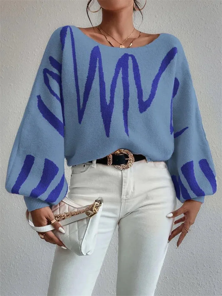 New Art Oversized Printed Knit Batwing Loose Spring Shoulder Sleeve Off Sweater
