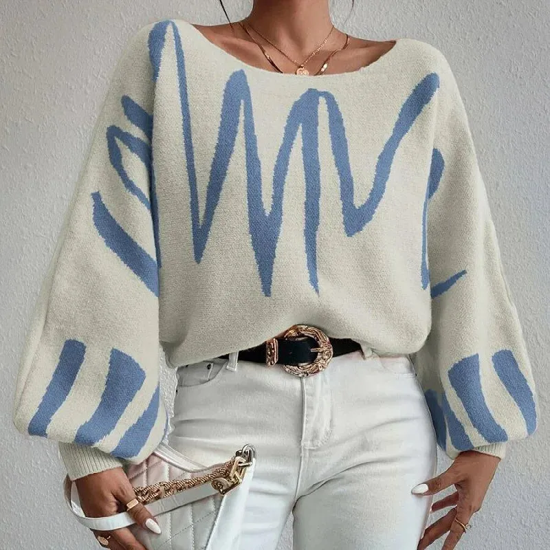 New Art Oversized Printed Knit Batwing Loose Spring Shoulder Sleeve Off Sweater