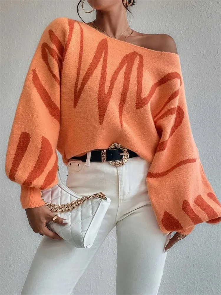 New Art Oversized Printed Knit Batwing Loose Spring Shoulder Sleeve Off Sweater