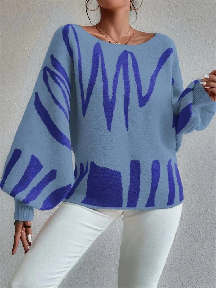 New Art Oversized Printed Knit Batwing Loose Spring Shoulder Sleeve Off Sweater