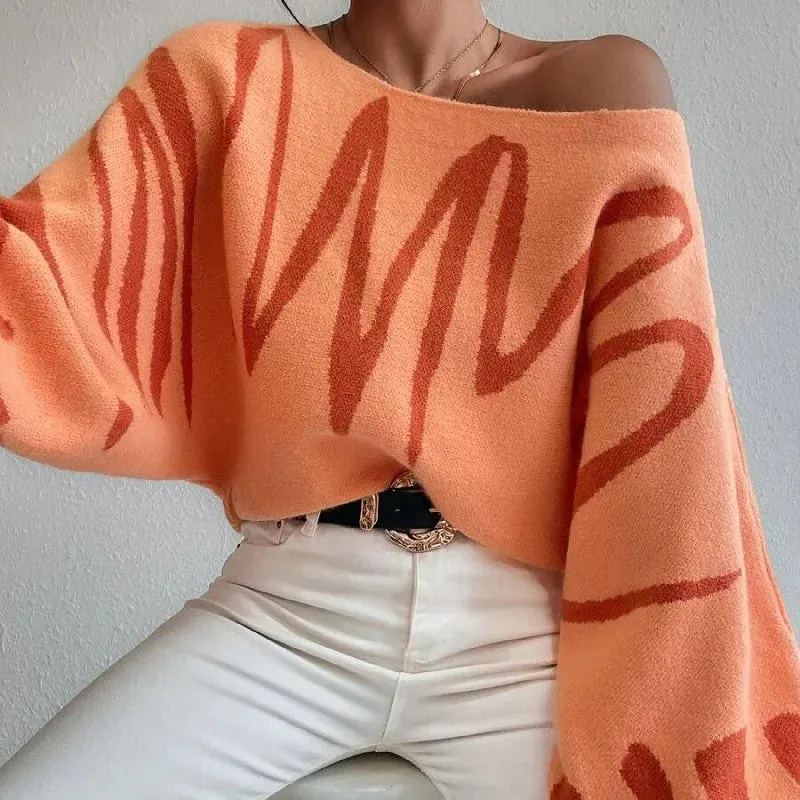 New Art Oversized Printed Knit Batwing Loose Spring Shoulder Sleeve Off Sweater
