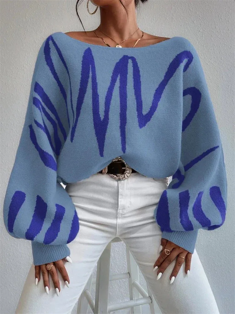 New Art Oversized Printed Knit Batwing Loose Spring Shoulder Sleeve Off Sweater