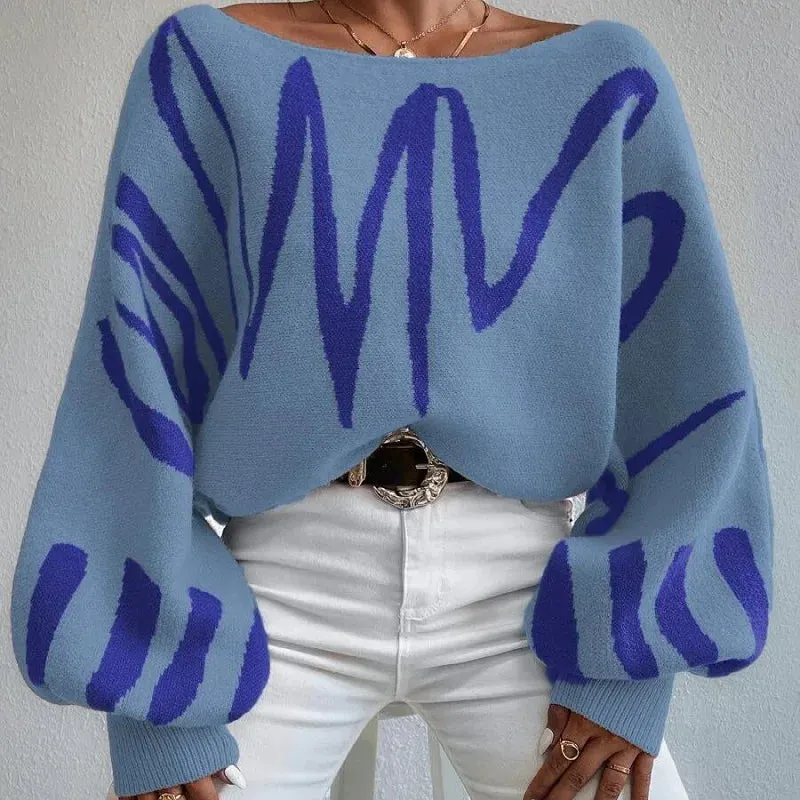 New Art Oversized Printed Knit Batwing Loose Spring Shoulder Sleeve Off Sweater