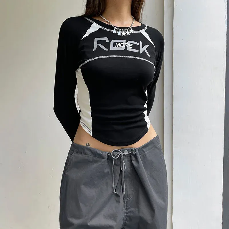 New Black Long Sleeves O-Neck Print Graphic Crop Spring Top