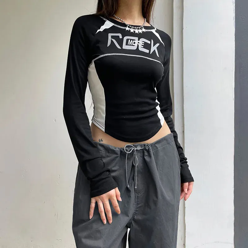 New Black Long Sleeves O-Neck Print Graphic Crop Spring Top