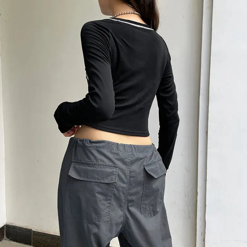 New Black Long Sleeves O-Neck Print Graphic Crop Spring Top