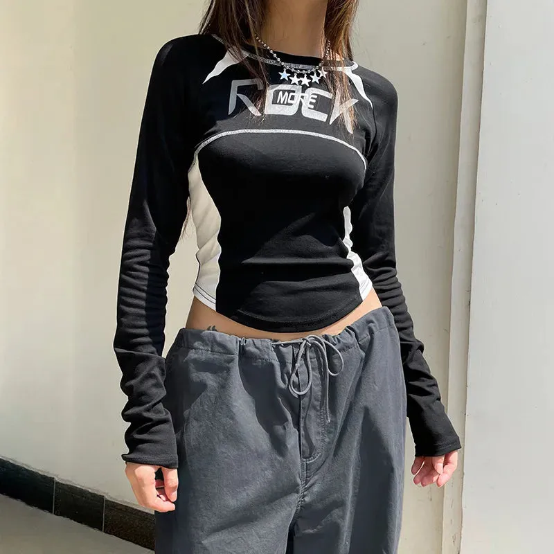 New Black Long Sleeves O-Neck Print Graphic Crop Spring Top