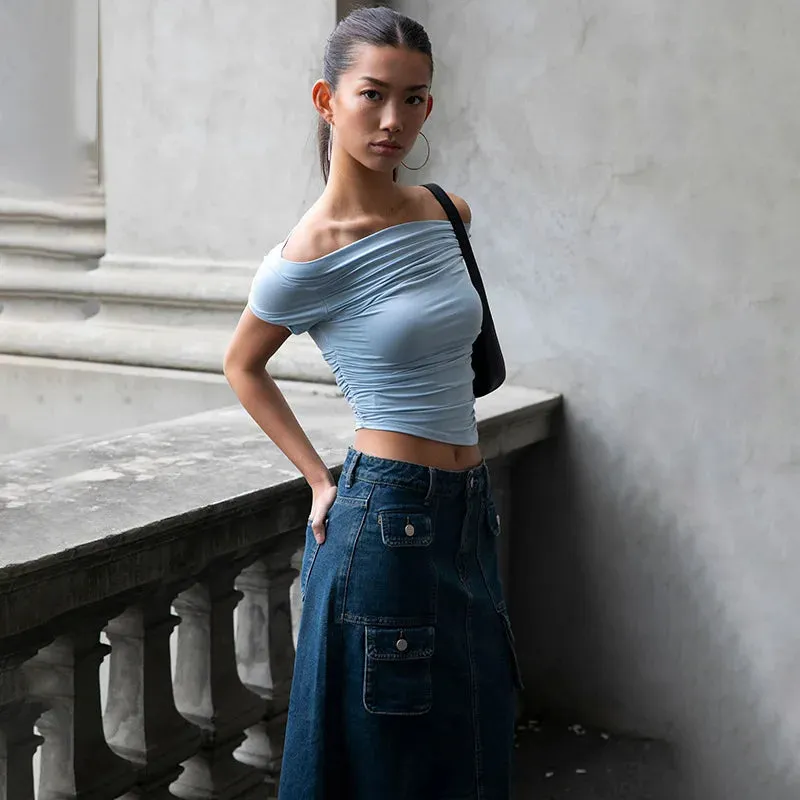 New Sexy Short Sleeve Slash Neck Casual Solid Crop Summer Top
