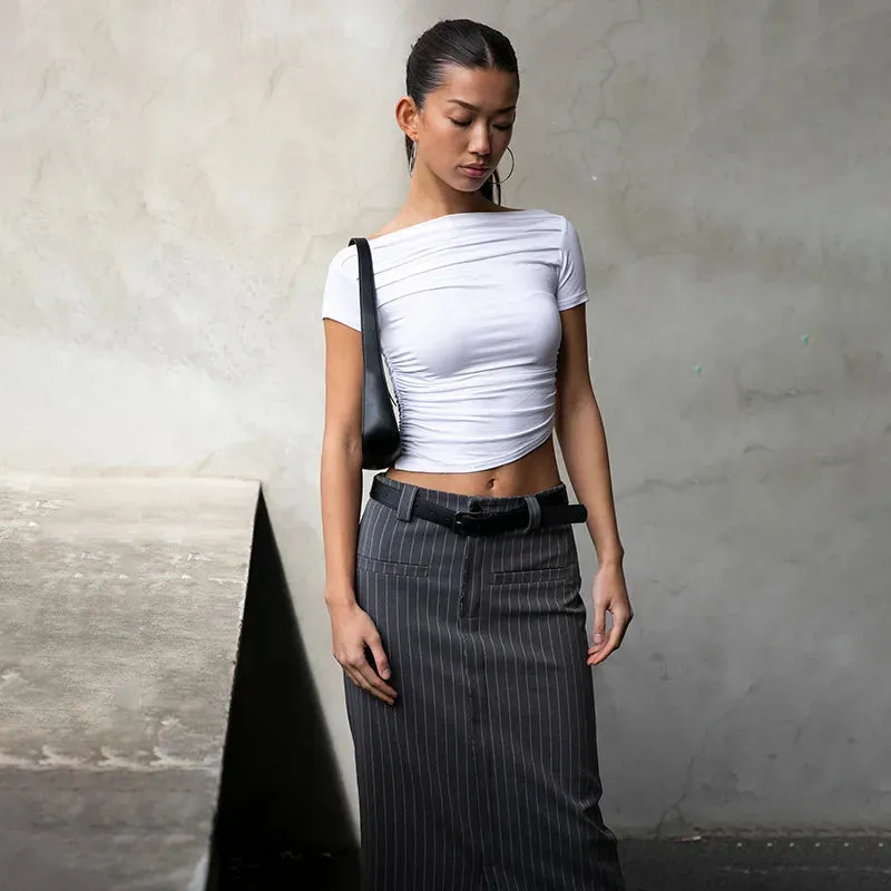 New Sexy Short Sleeve Slash Neck Casual Solid Crop Summer Top