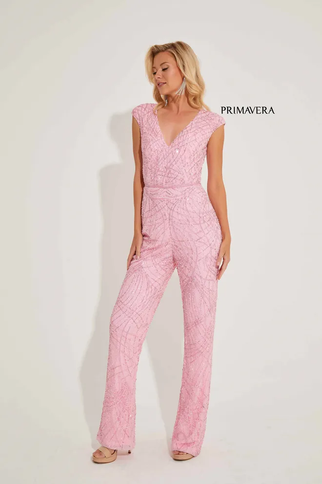Primavera Couture 4275 Sequin Beaded Formal Jumpsuit Pageant Wear Cap Sleeves V Neckline