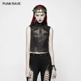 Punk High Neck Elastic Knitted PU Super Short Vest