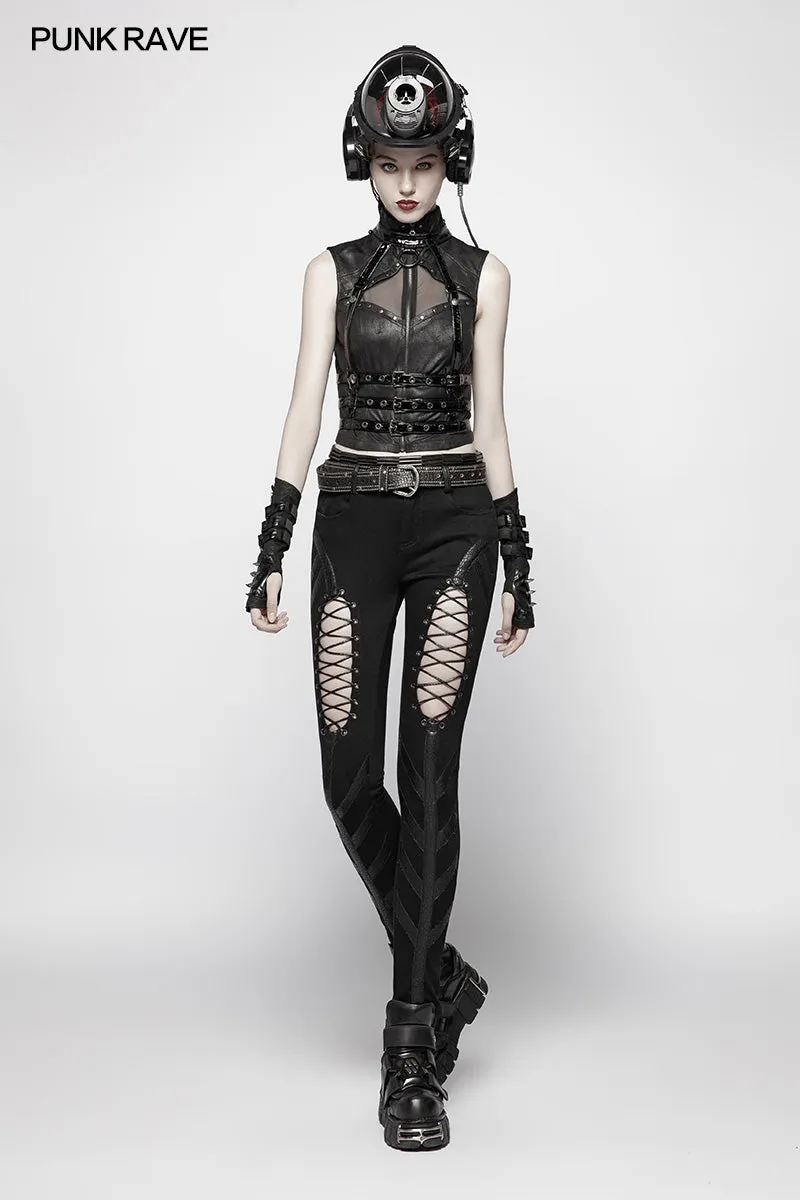 Punk High Neck Elastic Knitted PU Super Short Vest