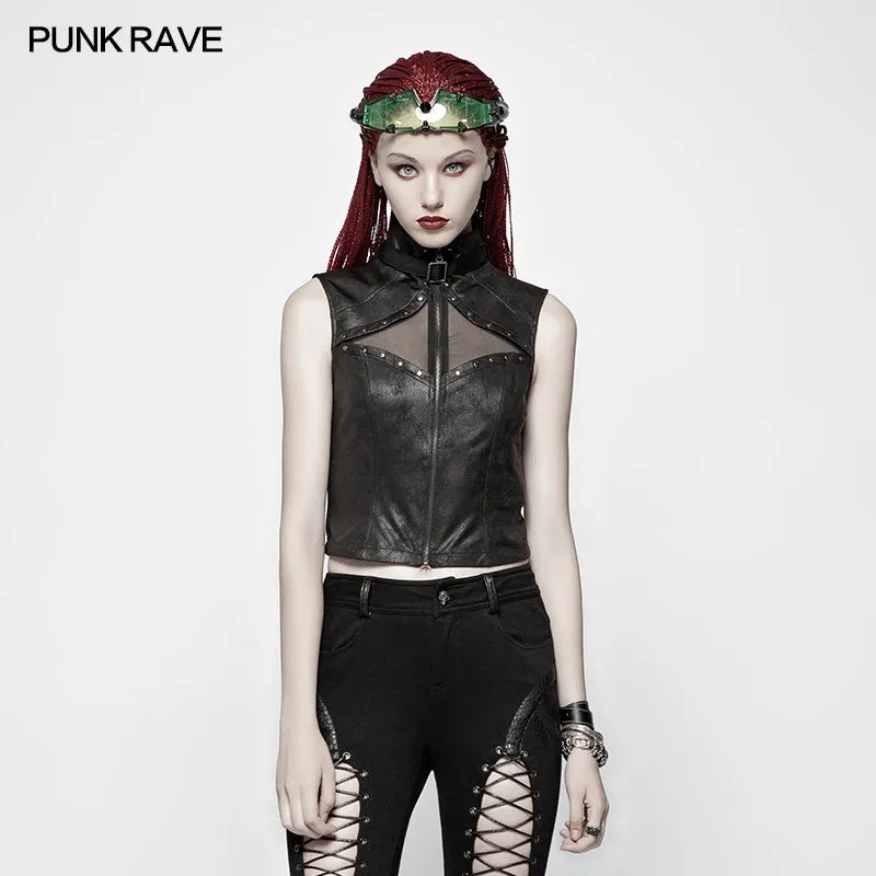 Punk High Neck Elastic Knitted PU Super Short Vest