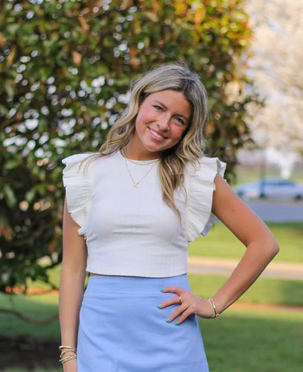 Rachel's Ribbed Ruffle Top (Blue, Black, & Ivory)