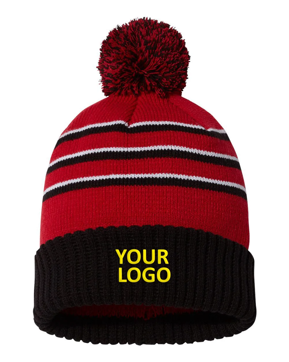 Richardson Pom Cuffed Custom Beanies, Navy/ Red