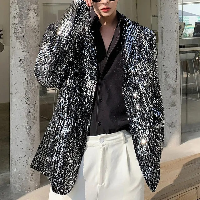 Sequin Blazer Men Casual Outerwear Silver Paillette