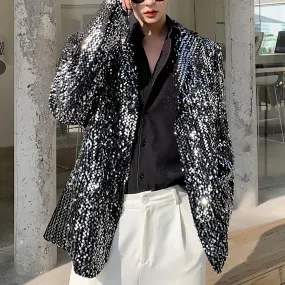 Sequin Blazer Men Casual Outerwear Silver Paillette