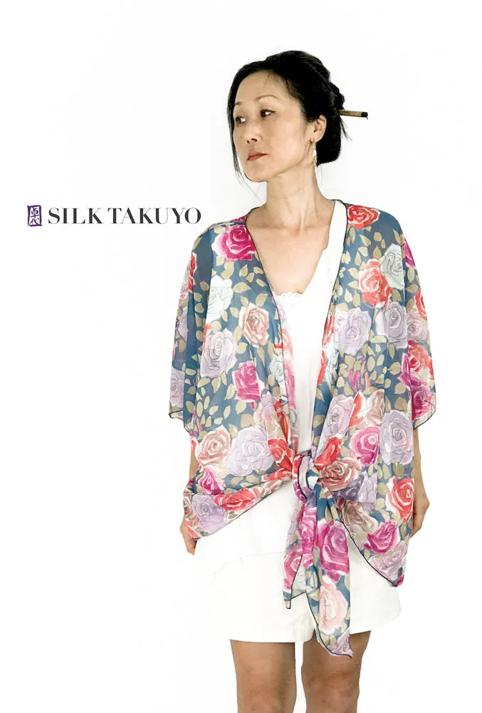 Sheer Kimono Jacket, Blue Peony