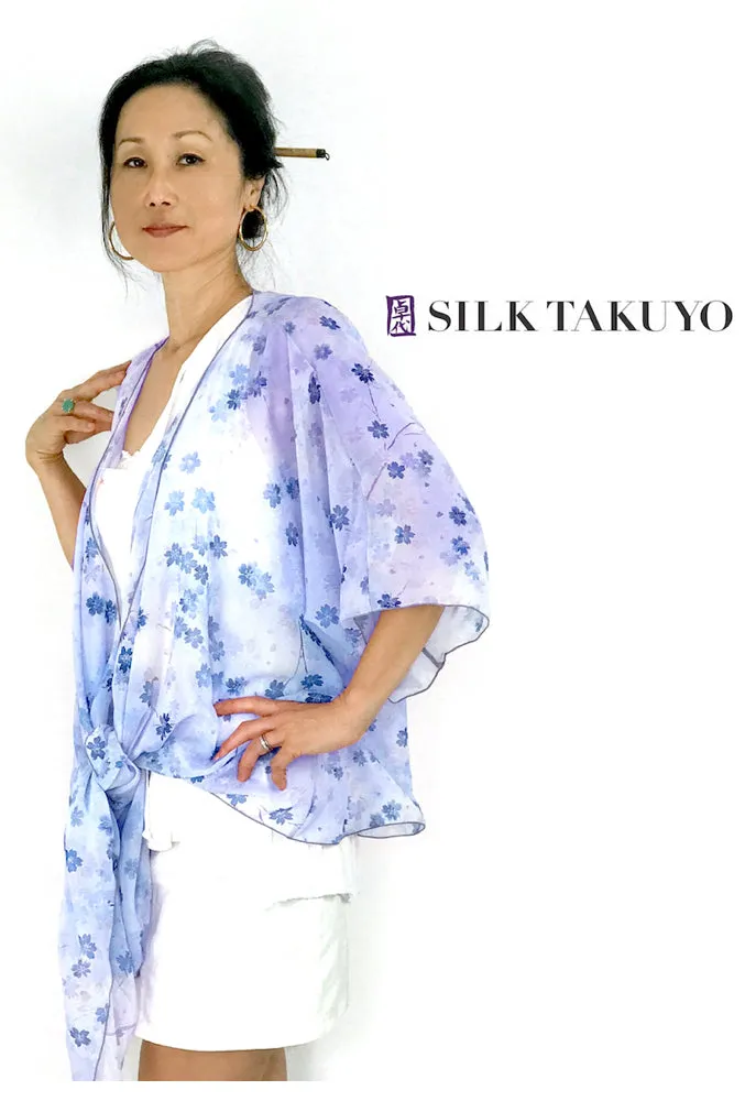 Sheer Kimono Jacket, Pastel Blue Sakura Cherry Blossom