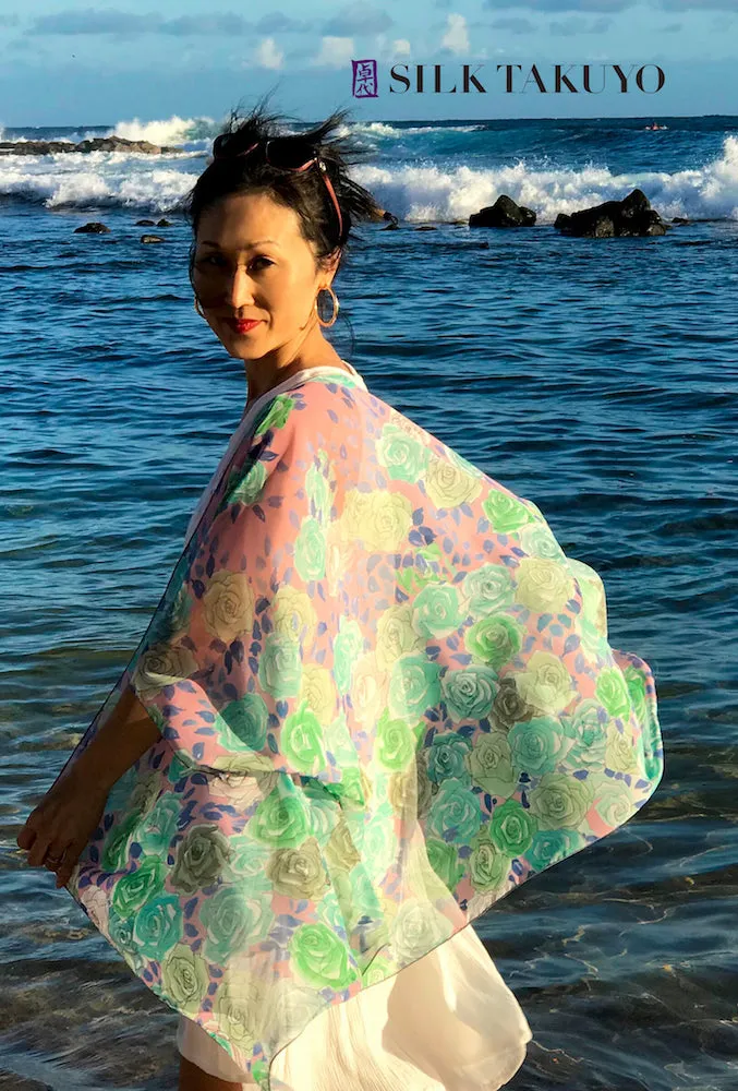 Sheer Kimono Jacket, Pastel Blue Sakura Cherry Blossom