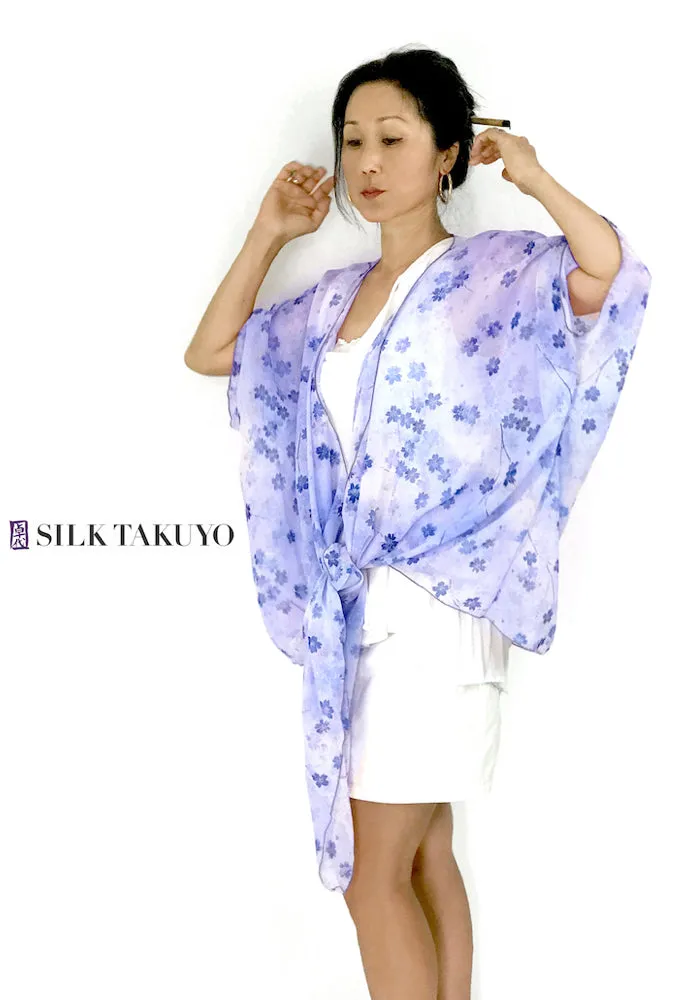 Sheer Kimono Jacket, Pastel Blue Sakura Cherry Blossom