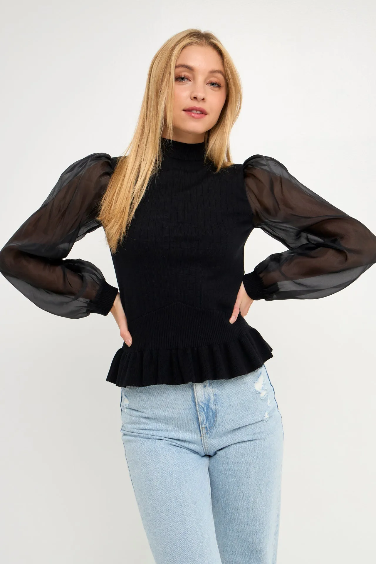 Sheer Sleeve Knit Top