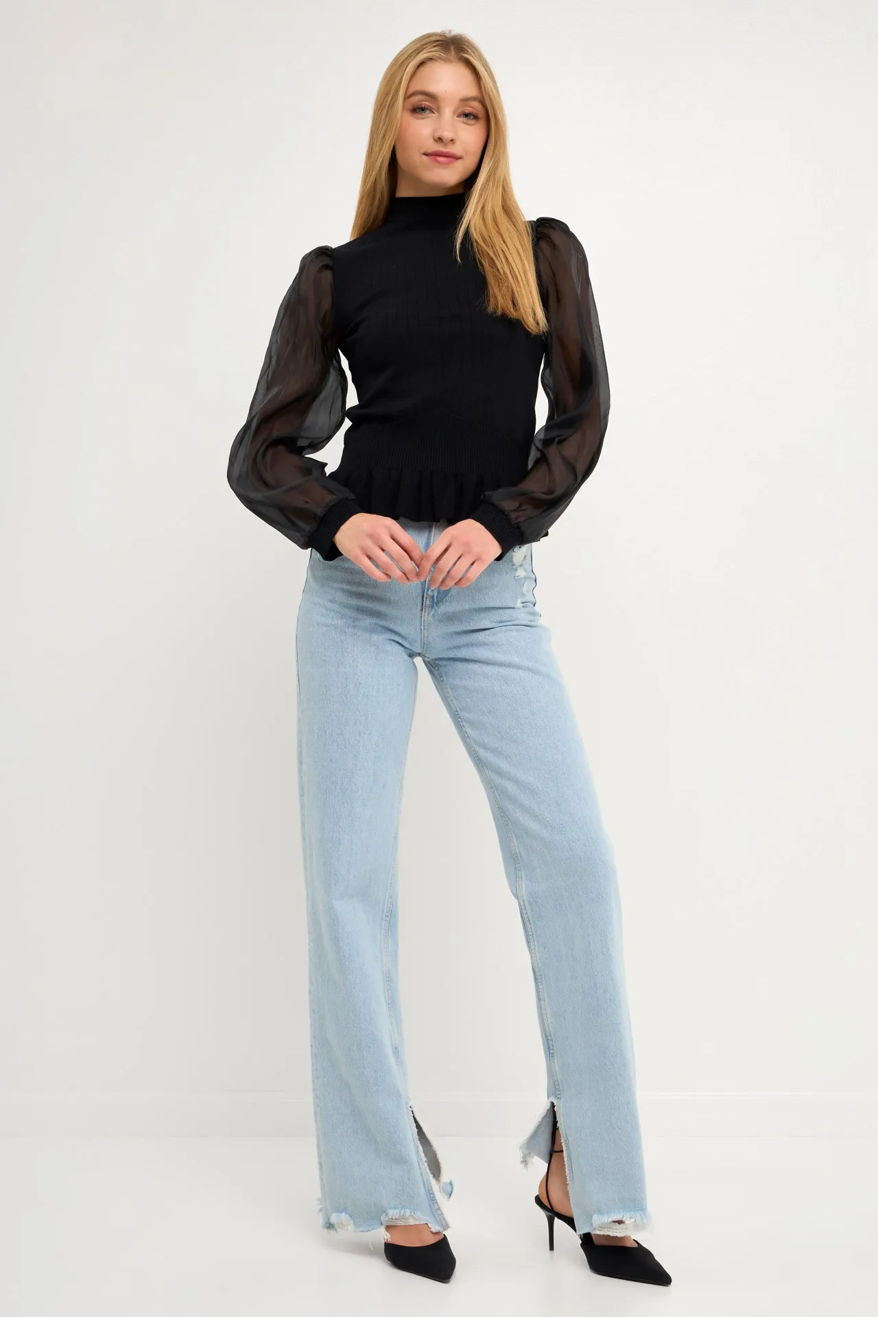 Sheer Sleeve Knit Top