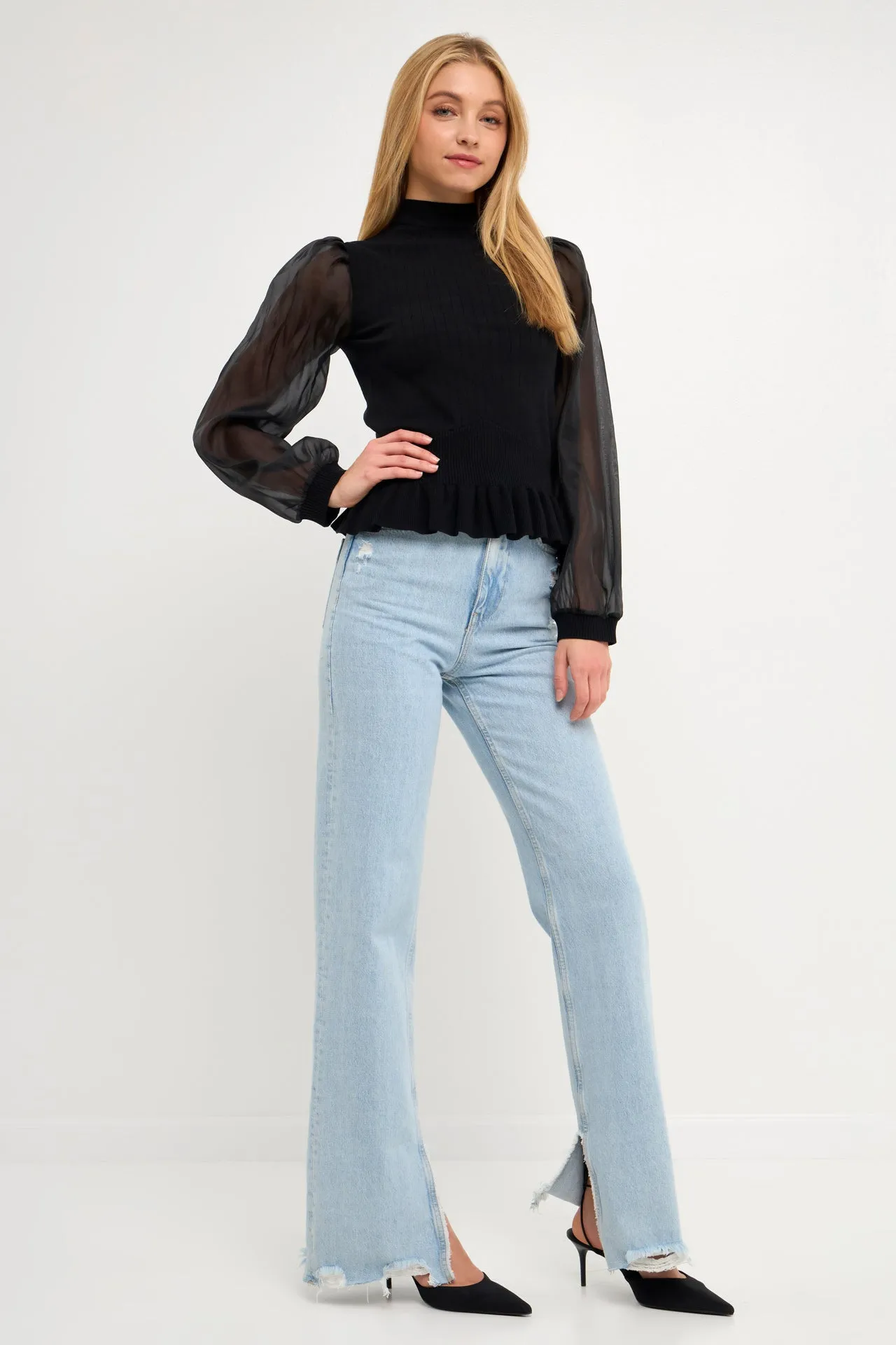 Sheer Sleeve Knit Top