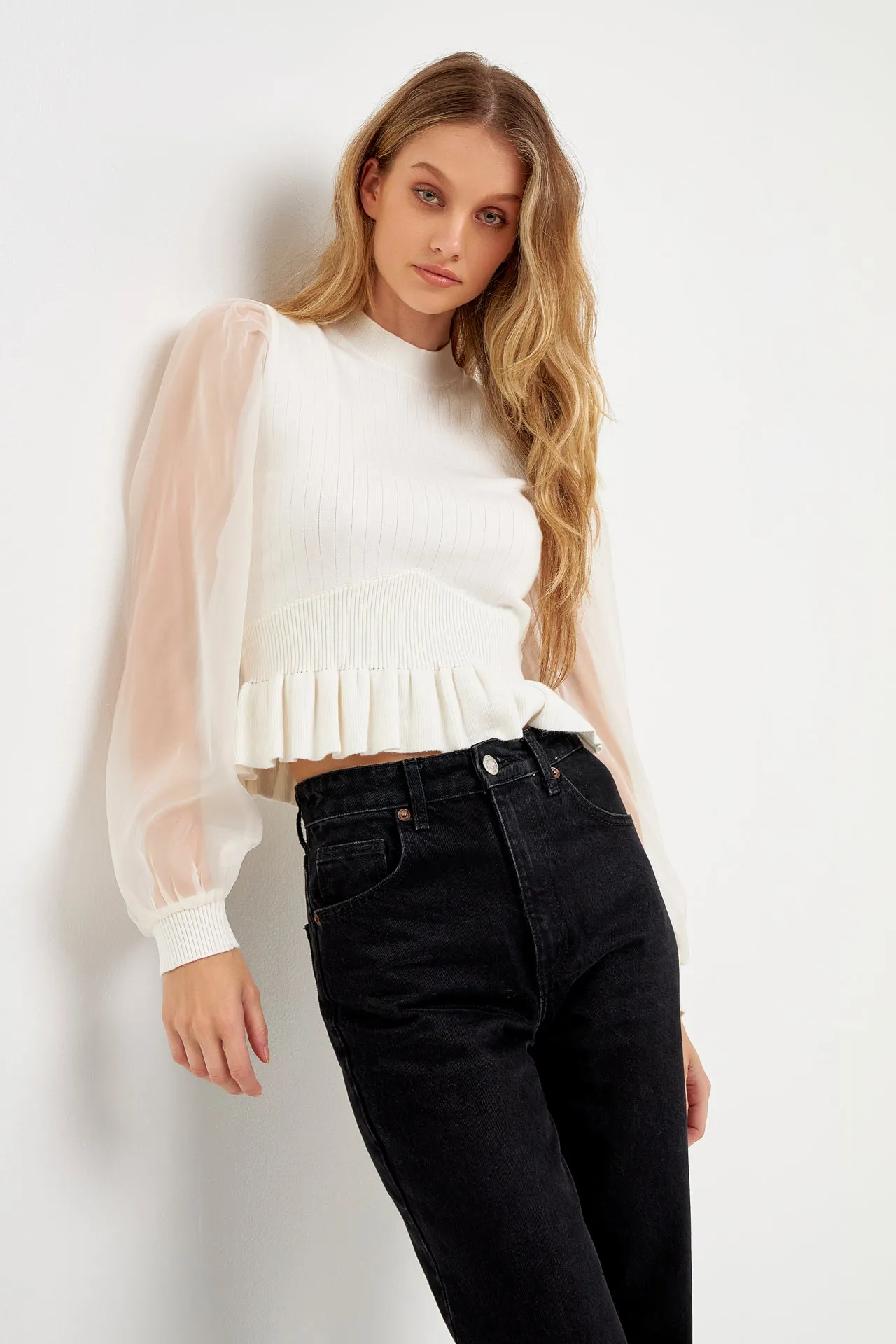 Sheer Sleeve Knit Top