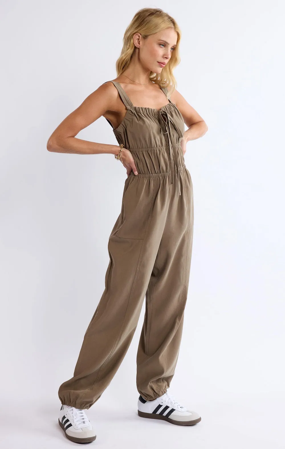 She's Poetry Gathered Bodice Jumpsuit | Olive