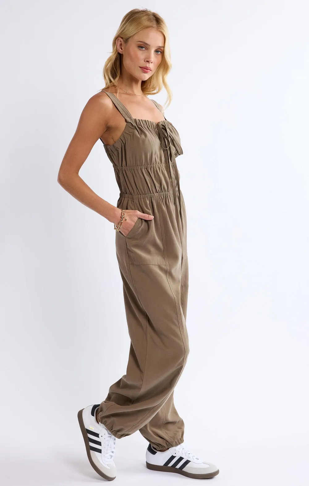 She's Poetry Gathered Bodice Jumpsuit | Olive