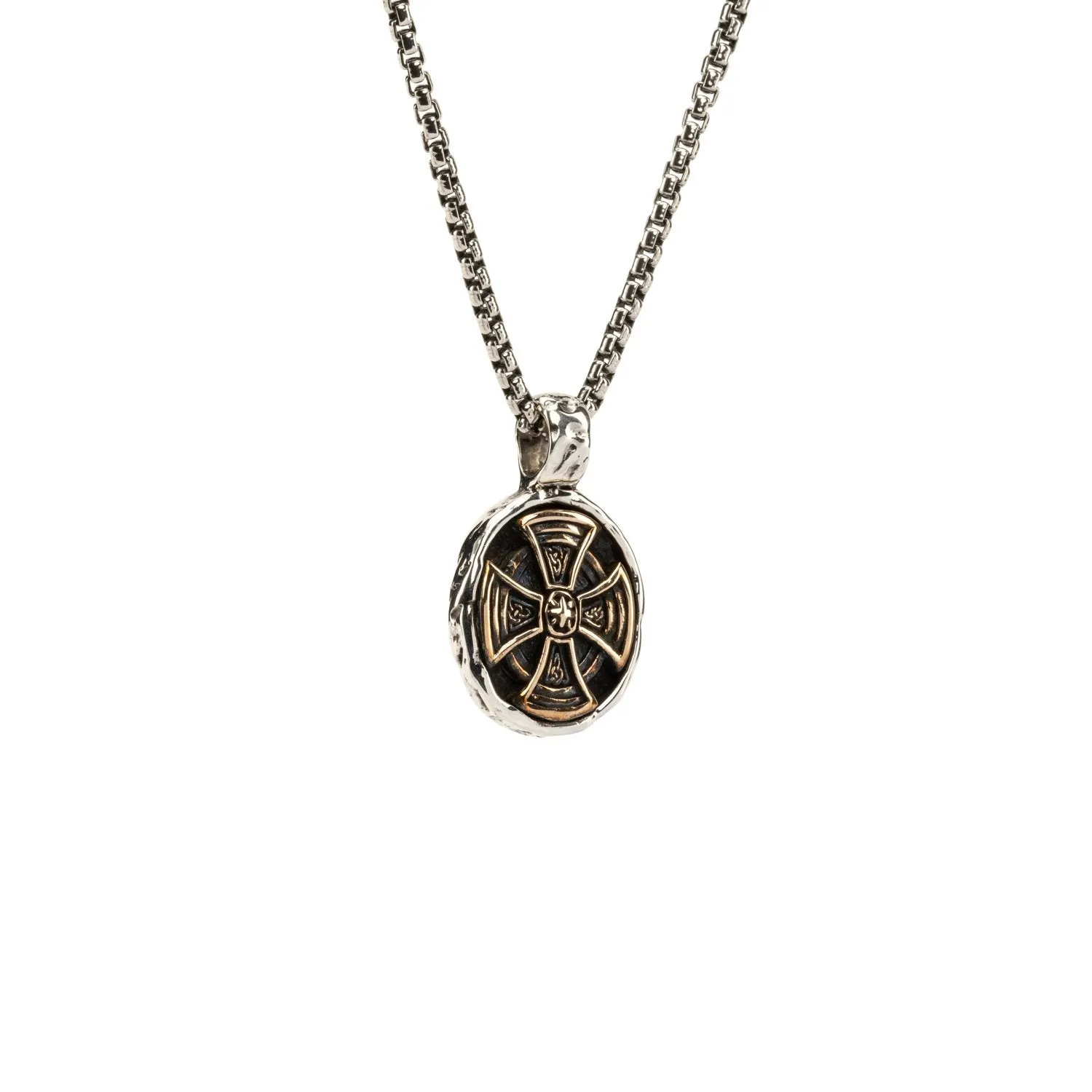 Silver or Silver and Bronze Celtic Cross Oval Pendant Small