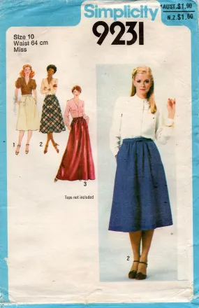 Simplicity 9231 Womens Gathered Bias Cut Skirts & Tie Belt 1970s Vintage Sewing Pattern Size 10 UNCUT Factory Folded