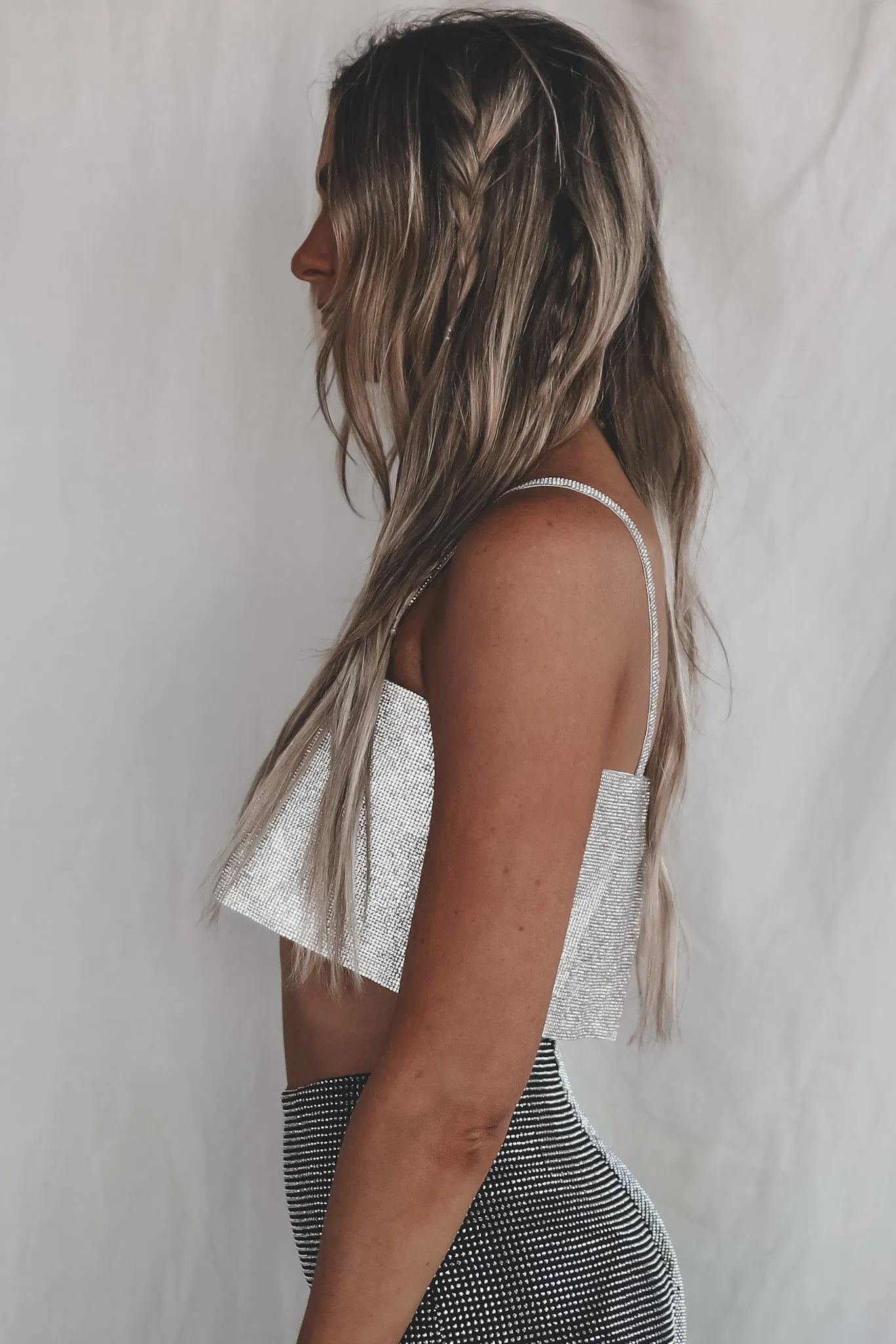 Stars In The City Silver Rhinestone Sequin Crop Top