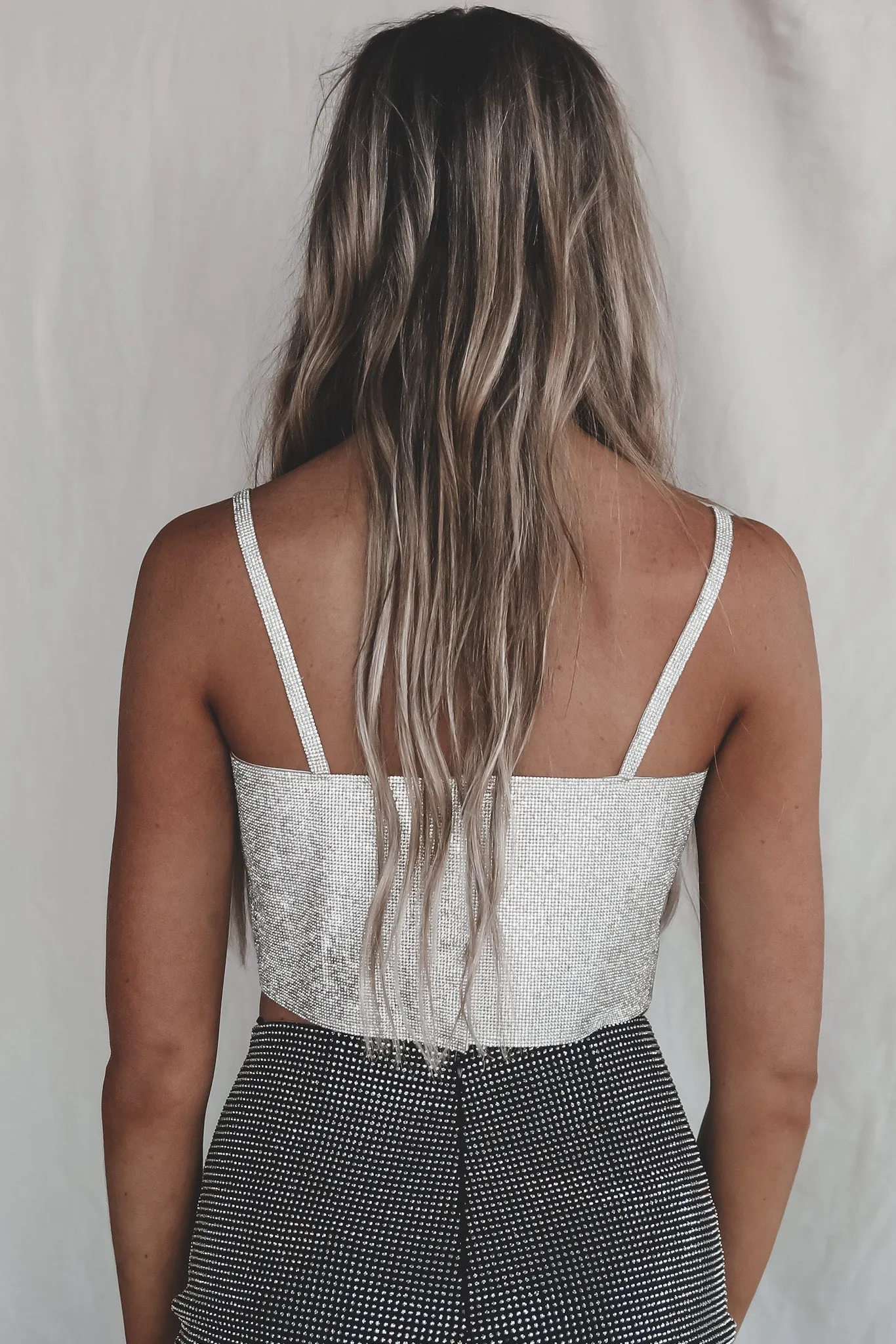 Stars In The City Silver Rhinestone Sequin Crop Top