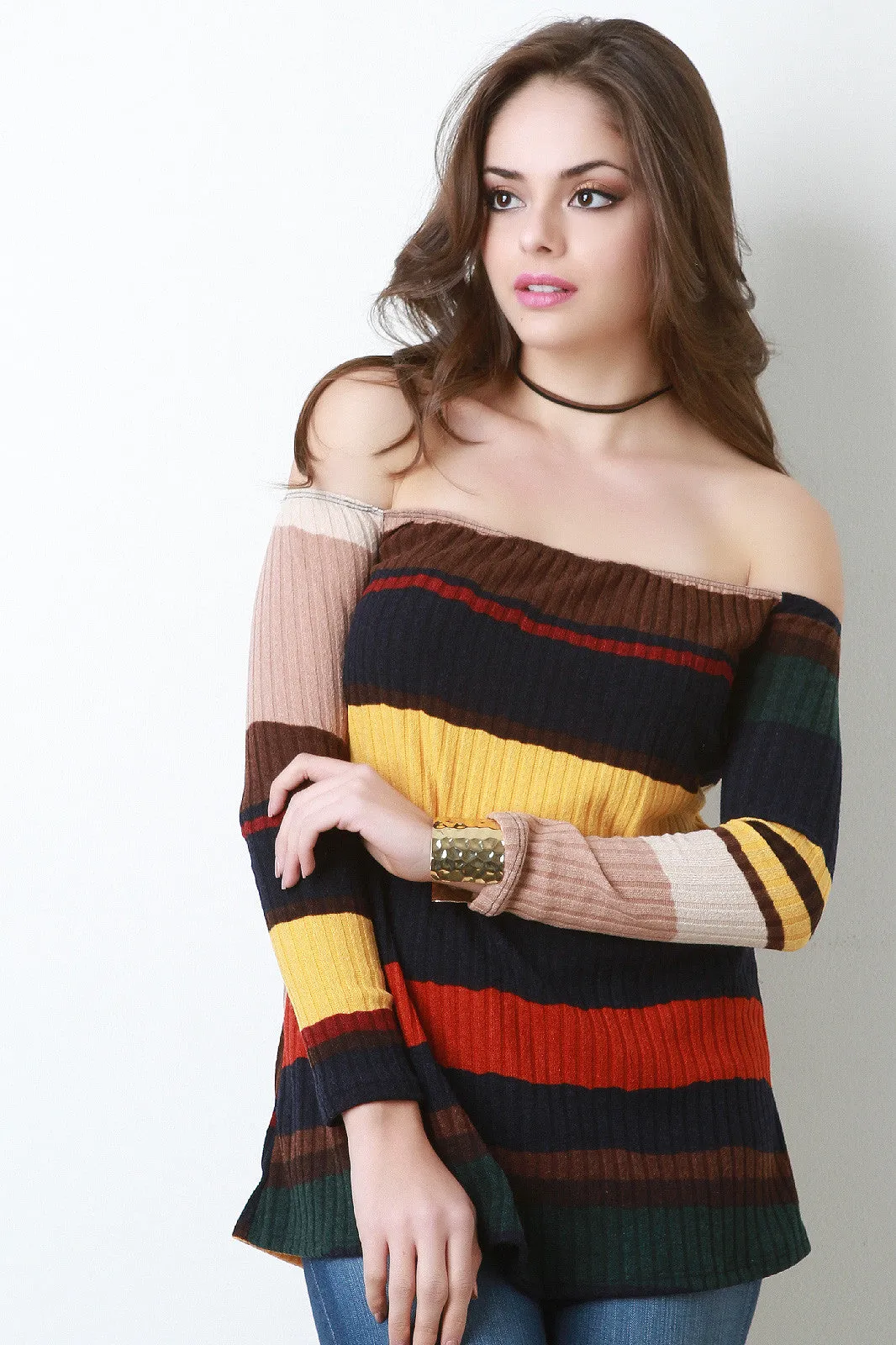 Striped Ribbed Knit Bardot Top