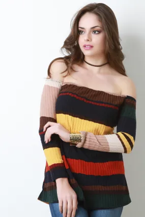 Striped Ribbed Knit Bardot Top