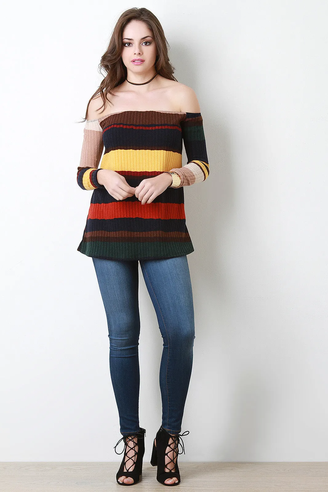 Striped Ribbed Knit Bardot Top