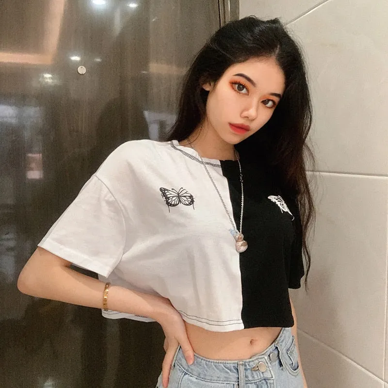 Summer Contrast Color Butterfly Crop Top Short Sleeve Loose Tees