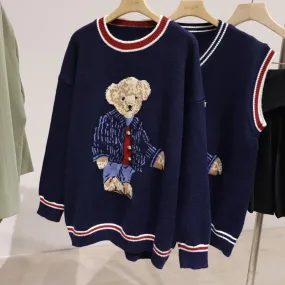 Teddy Bear Sweater Vest | Casual V Neck Sweater | Women Knitted Sweater | Korean Style Sweater | Girl Winter Sweater | Cartoon Vest Pullover