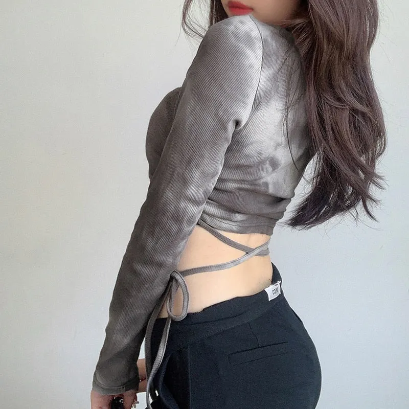 Tie Dye Print Crop Top Fashion Fitness Drawstring Knit V-Neck Long Sleeve